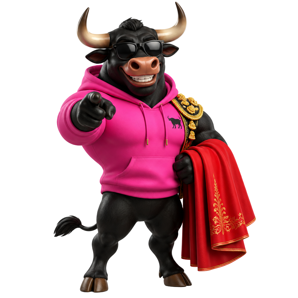 Toro the bull in a pink hoodie with a red cape, pointing ahead